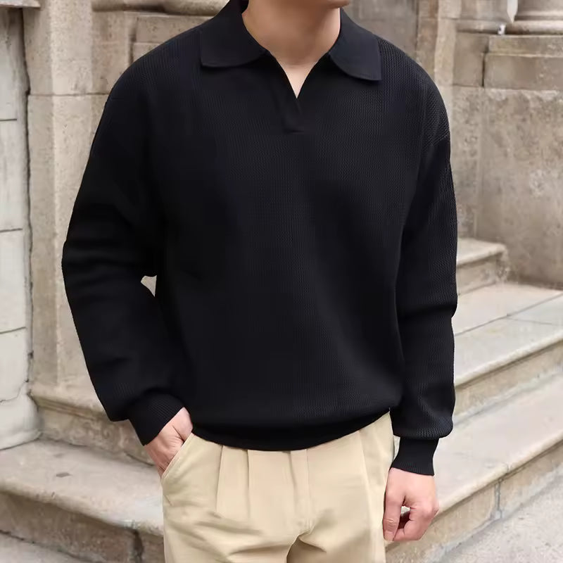 Fashion Solid Color Men Polo Kint Shirt Autumn Long Sleeve Turn-down V-neck Sweater Casual Jumper Tops Men's Knitwear Clothe - image 2