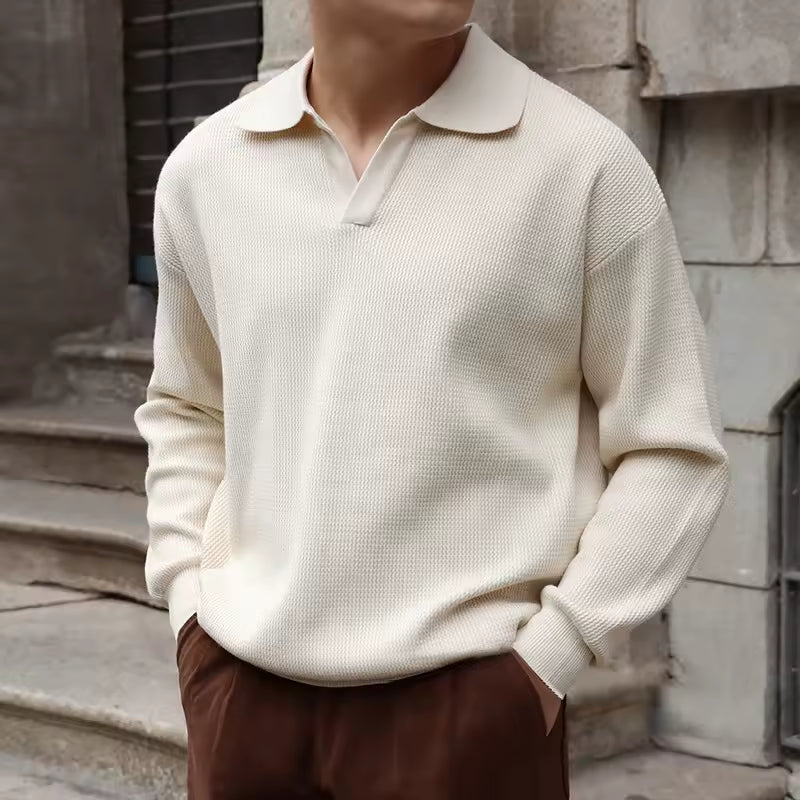 Fashion Solid Color Men Polo Kint Shirt Autumn Long Sleeve Turn-down V-neck Sweater Casual Jumper Tops Men's Knitwear Clothe