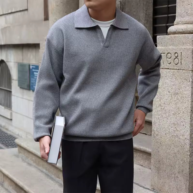 Fashion Solid Color Men Polo Kint Shirt Autumn Long Sleeve Turn-down V-neck Sweater Casual Jumper Tops Men's Knitwear Clothe - image 3