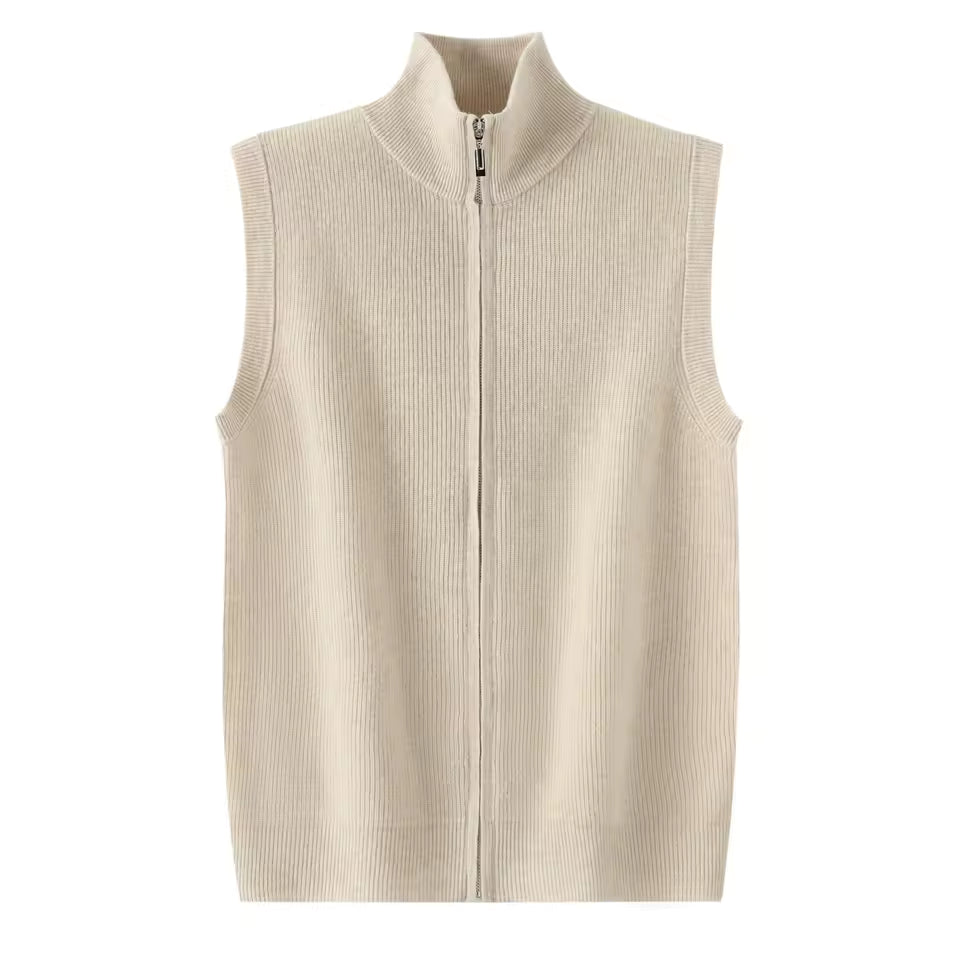 DjzDsm 2025 Autumn/Winter New 100% Merino Wool Cardigan Men's Stand up Collar Zipper Sweater Vest Solid Color Knitted Shoulder
